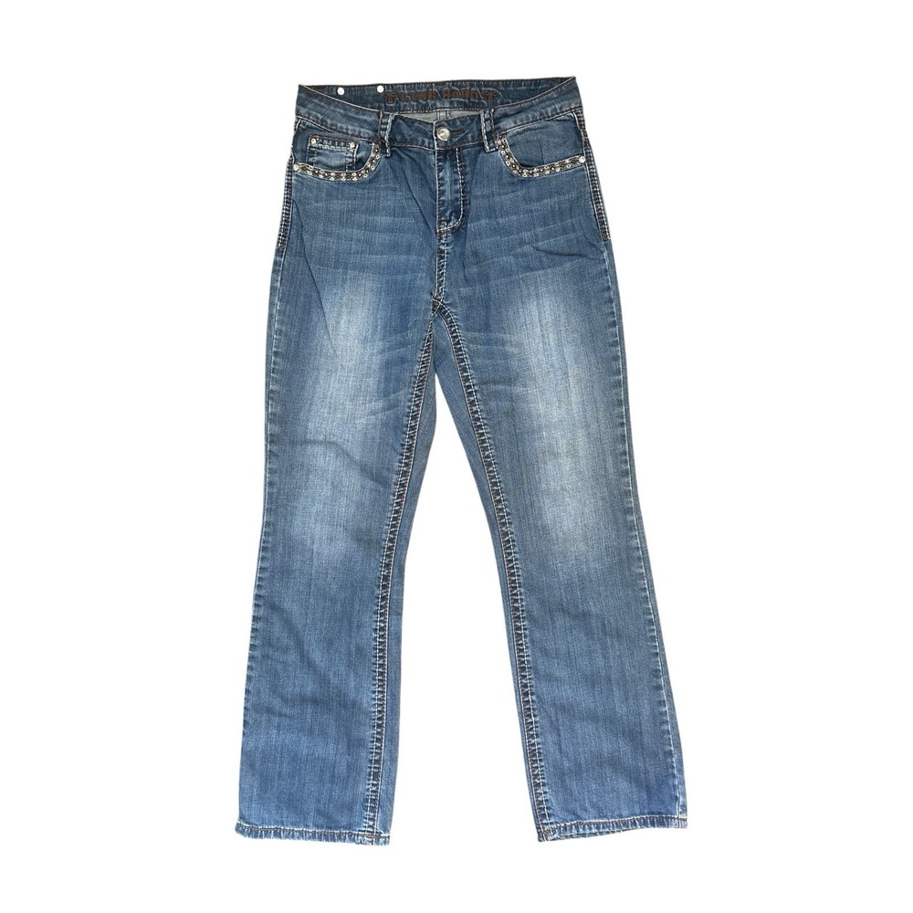 Women's Y2K Rhinestone Embellished Pocket Denim Blue Jeans Boot Cut Stretch Size
